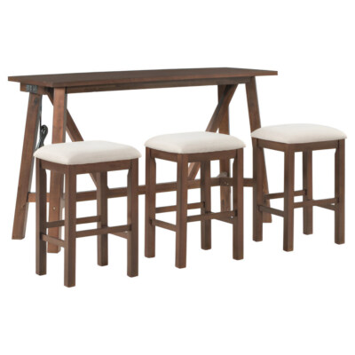 Modern Rubber Wood & Acacia Dining Table Set With Matching Stools