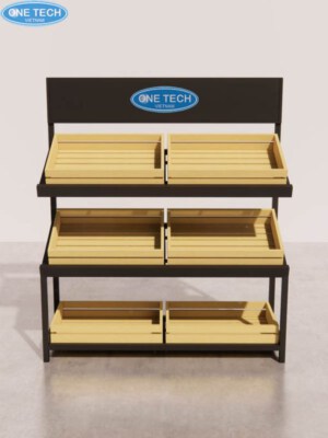 3-Tier Produce Display Rack (Wooden Trays, Top Bar)
