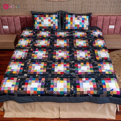 Patchwork Quilted Blanket Set (Cotton Fabric, Includes Pillowcases)