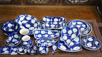 White-Glaze Fish Motif Dinner Set (Hand-Painted)