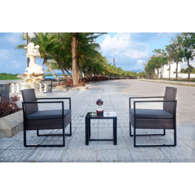 Modern Rattan Patio Lounge Set (2 Chairs + Square Side Table, Aluminum Frame, Tempered Glass Top)