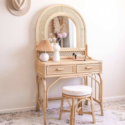 Nordic-Inspired Rattan Bedroom Vanity Table Set With Standing Mirror