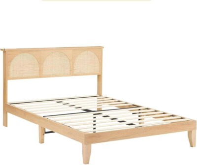 Solid Pine Wood Full Bed Frame (LED Light Headboard, Durable, Assemblable)