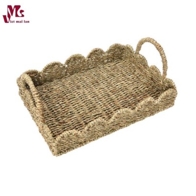 Khay Phục Vụ Đan Rattan Hình Tròn Boho Có Tay Cầm