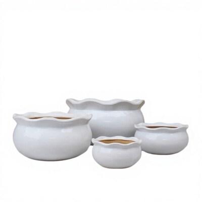 Large Round Glazed Ceramic Planter Set With Drainage Hole