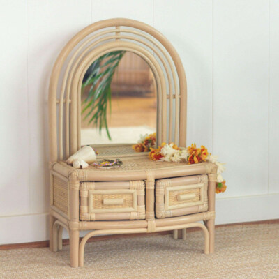 Rattan Kids Dressing Table With Drawer & Standing Mirror