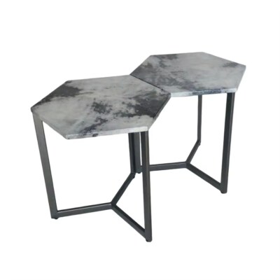 Modern Hexagon Leather Top Side Table Set (MDF Core, Leather Finish, Metal Frame, Grey)