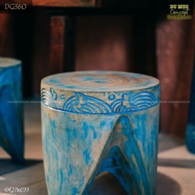 Blue Carved Wooden Stool (Classic Finish, Decorative & Seating Use)
