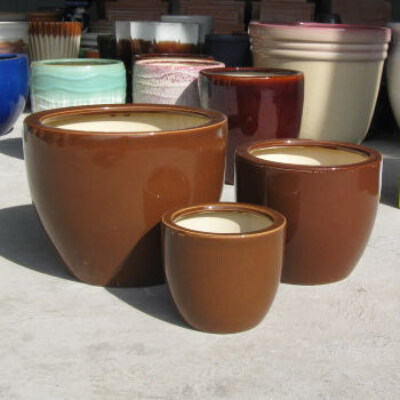 Plain Brown Glazed Ceramic Round Planter Set