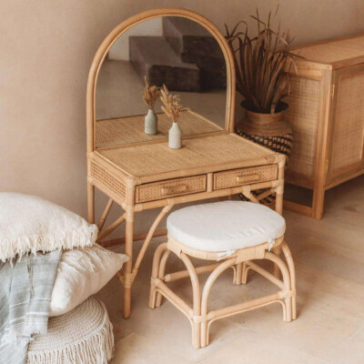 Multi-Function Kids Rattan Floor Vanity With Standing Mirror