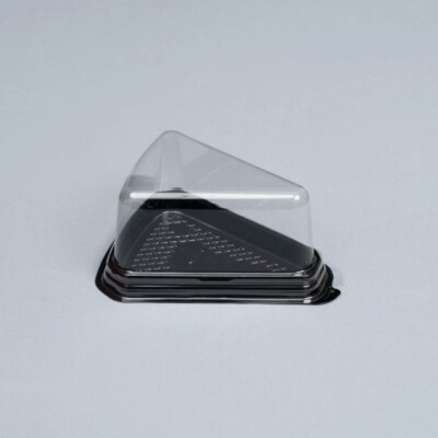 JB-03 Triangular Cake Slice Box (Clear PET Dome Lid, Black PET Base, Snap-Fit, Anti-Slip, Stackable)