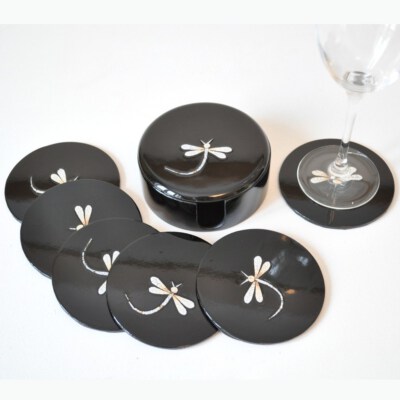 Lacquer Coaster Set (Black, Mother-Of-Pearl Inlay, CARB P2 MDF)