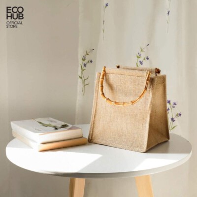 Vintage Plain Canvas Tote Bag With Bamboo Handle (Natural Color, 31x25x10cm, Industrial Production, E00121)