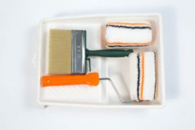 LSP0008 Painting Tool Set (Orange/Black Stripe Roller & Sleeve, 3×12 Ceiling Brush, 7″ Paint Tray)