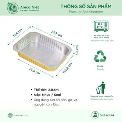 Large Premium Rectangular Aluminum Food Container (2166ml, Recyclable, Lid/Seal Options)