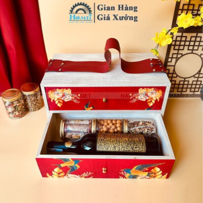 Two-Tier Drawer Wooden Tet Gift Box (Carry Handle, Luxury Design)