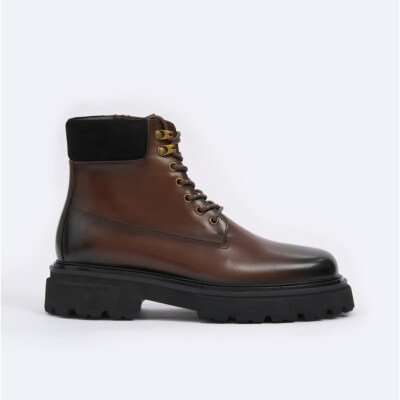 Men’s Chunky-Sole Leather Combat Boots (Cow Leather, Brown, Sizes 38–43)