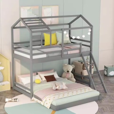 L-Shape House Bunk Bed (Twin Size, Eco-Friendly, Safety Guardrail)