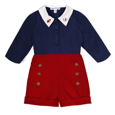 Cartoon James Kids 2-Piece Set (Short Sleeve White-Collar Shirt, Red Pants, Custom Embroidery)