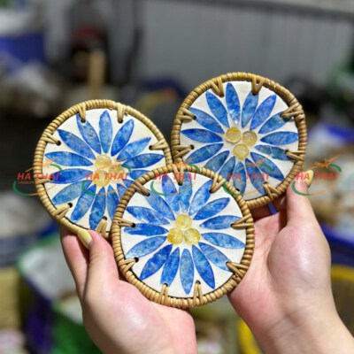 Handwoven Rattan-Rim Mother-Of-Pearl Coaster With Blue Daisy Inlay