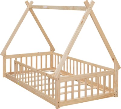 Montessori Twin Floor Bed (House Frame, Safety Guardrails, Solid Pine)