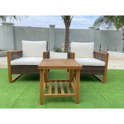 Outdoor Wooden Rope Lounge Chair Set (3-Piece, Solid Acacia Wood, UV-Resistant Cushions)