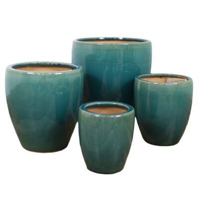 Tall Round Glazed Ceramic Planter Set With Drainage Hole