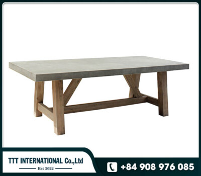 Dining Table With Concrete Cement Top And Brushed Acacia Wood Frame (Made In Vietnam, OEM/ODM Available)