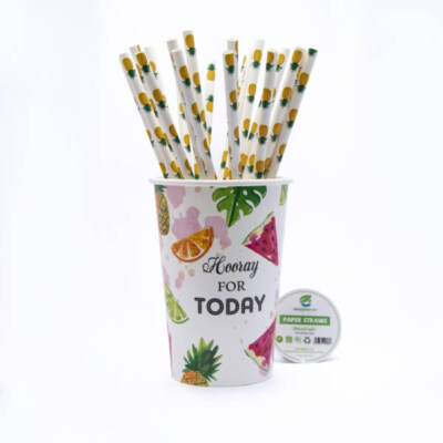 Pineapple Printed Paper Straw (3-Ply EU Virgin Paper, Individually Wrapped, 197mm, 6/8/12mm)