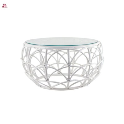 White Round Rattan Coffee Table With Glass Top