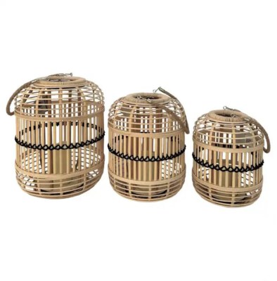 Boho Set Of 3 Handwoven Rattan-Style Candle Lanterns