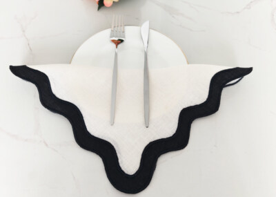 Luxury Linen Napkin (OEKO-TEX Certified 100% European Linen, Double Scallop Embroidery, Black & White, Reusable, Custom Logo)