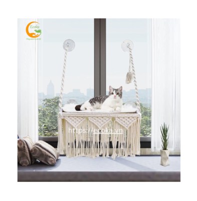 Boho Macrame Cat Window Perch Hammock (100% Cotton, Wall Mounted/Suction Cup Mount, Removable Washable Mat, Solid Pattern)
