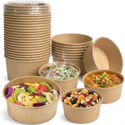 Round Kraft Paper Bowls With PET Clear Lids (500/750/1000 Ml, Takeaway & Delivery)