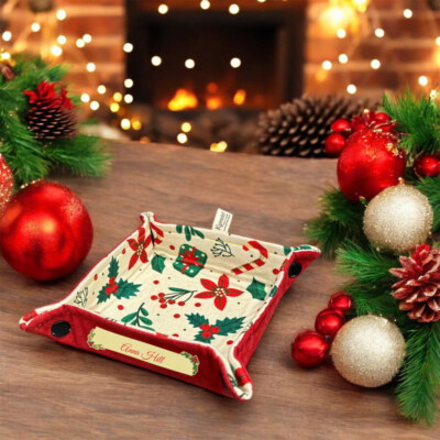 Christmas Multi-Purpose Fabric Organizer Tray (Handmade, Denim Fabric With Inner Foam, Patterned Wooden Button)