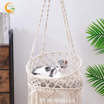 Boho Macrame Hanging Cat Basket Bed (100% Cotton, Solid Pattern, Removable Washable Cushion, Indoor Use)