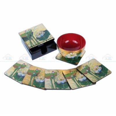 Bộ Lót Ly Sơn Xanh (Gỗ, Sơn, In Mẹ Trai, Vàng Lá)