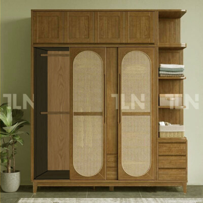 Zen Large 4-Door Wardrobe With Rattan Panels And Side Shelves (American Oak Wood, 2-Tier, 200–240cm)