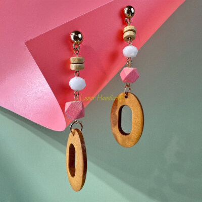 Geometric Bead & Oval Drop Rattan Earrings