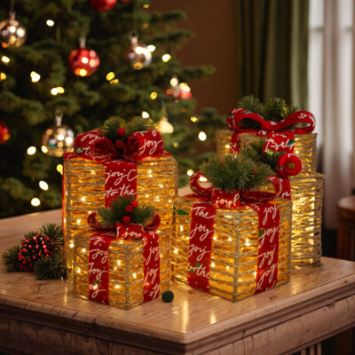Seagrass Woven Gift Box Set With Snowflake Ribbon Ornaments