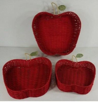 Set Of 3 Red Apple-Shaped Bamboo Baskets