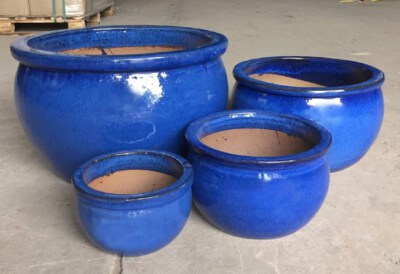 Blue Round Glazed Ceramic Outdoor Planter
