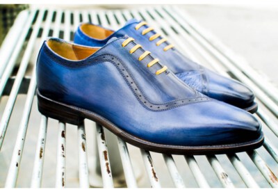 Blue Oxford Leather Shoes (Handmade, French Calf Leather, Stitched Leather Sole)