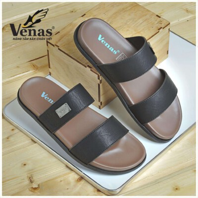 Men’s Premium Two-Strap Cow Leather Slides (Genuine Leather, Molded Rubber Sole)