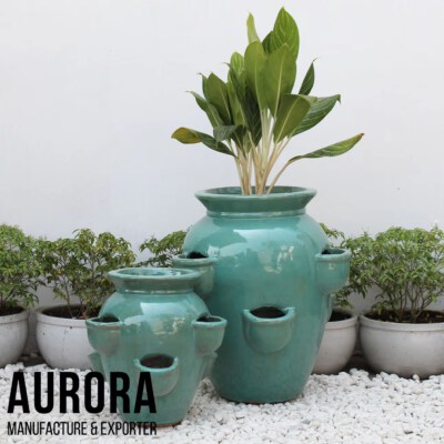 Glazed Ceramic Round Planter Set (Classic, Ocean Glaze, Set Of 2)