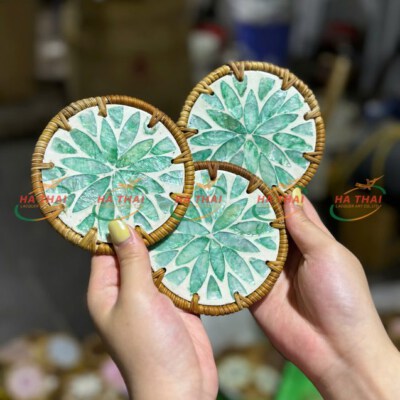 Handwoven-Rim Mother-Of-Pearl Coaster With Green Leaf Mosaic