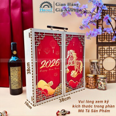 Two-Door Wooden Tet Gift Box (Laser Cut Front, Printed Decal Artwork)