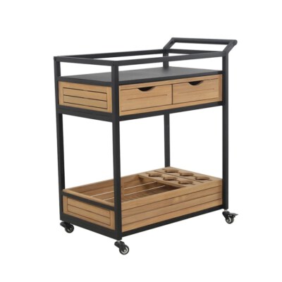 Outdoor Service Vehicle Trolley (100% FSC Acacia Wood, Powder-Coated Aluminum Frame, Aluminum Work Surface, Oil Finish)