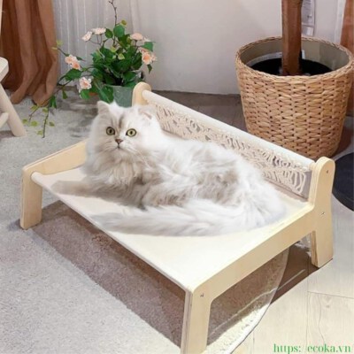 Elevated Wooden Cat Hammock Sofa Bed (Removable Cover, 100% Cotton Hammock, Waterproof, 19.6" X 16.5" X 9.4")