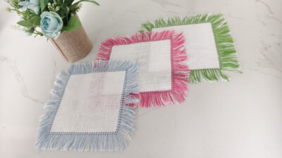 Linen Cocktail Napkins With Fringe Edge (OEKO-TEX Certified 100% European Linen, Machine Embroidery, Custom Logo, Reusable)
